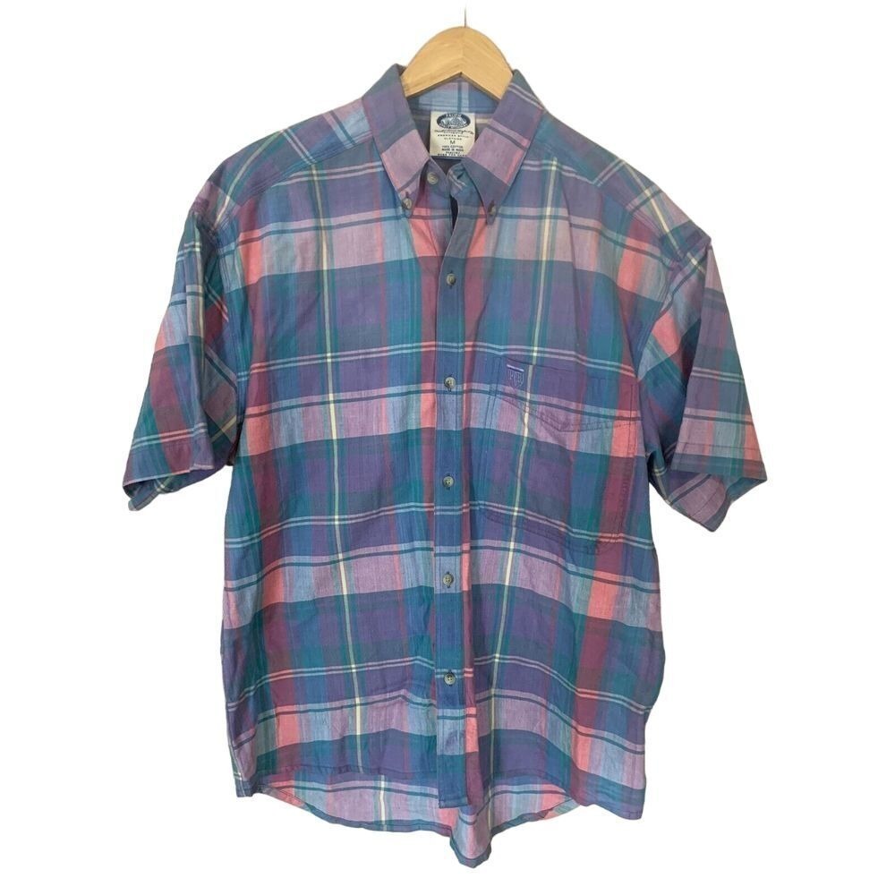 Vintage PCH Beach Button Up Shirt Mens M Pink Blue Plaid Pacific Coast Highway